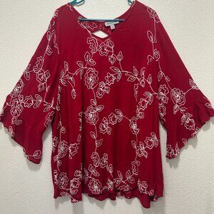 Catherine's flowy tunic, red with with embroidered flowers, bell sleeves, 2x